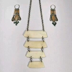 Vintage Peruvian Tribal Jewelry Set Bone Necklace And Bamboo Earrings